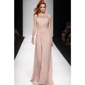 Aidan Mattox Silver Beaded Gown Dress Sz 8 Pink  Nude Jersey Stretch Gala $500